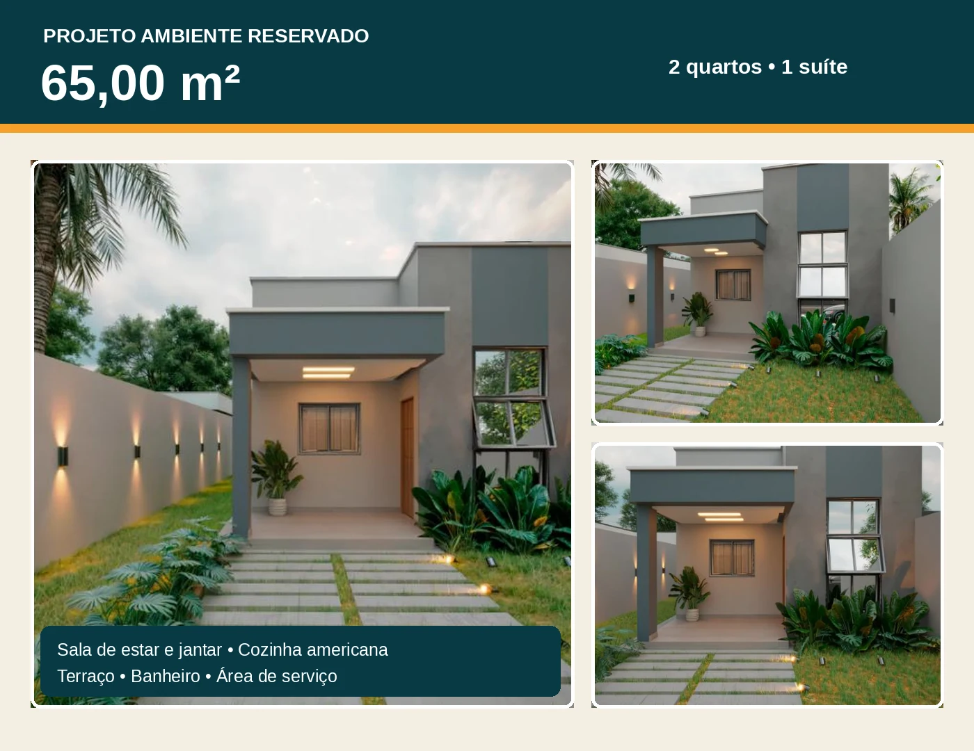 Projeto de 65,00 m&sup2; com tr&ecirc;s perspectivas de fachada