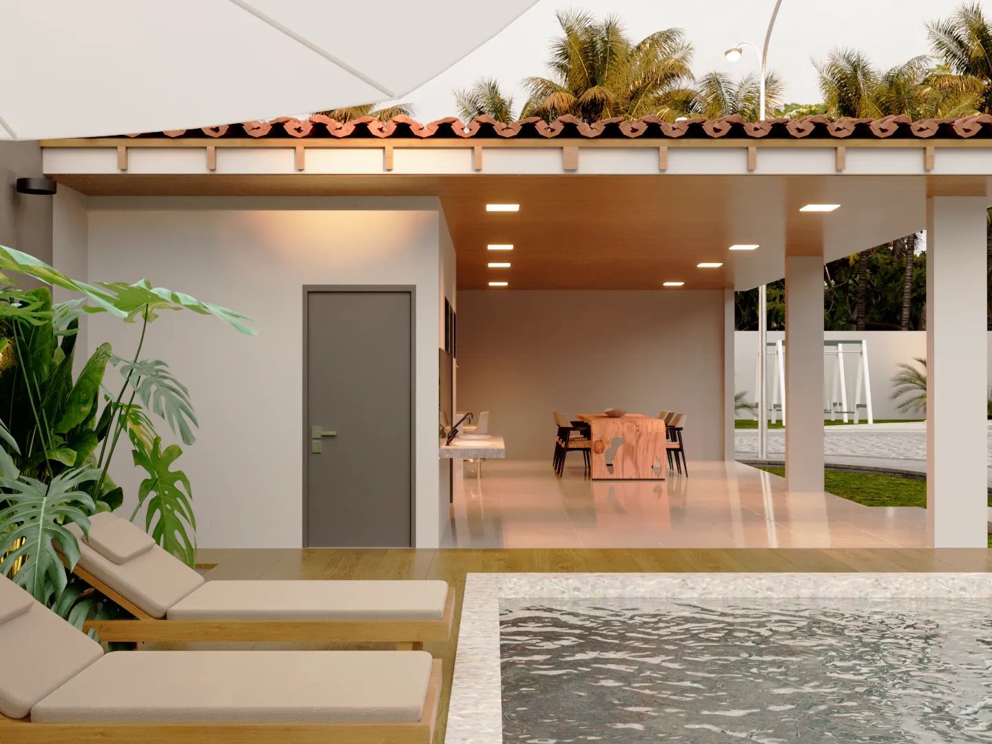 Deck, piscina e paisagismo tropical