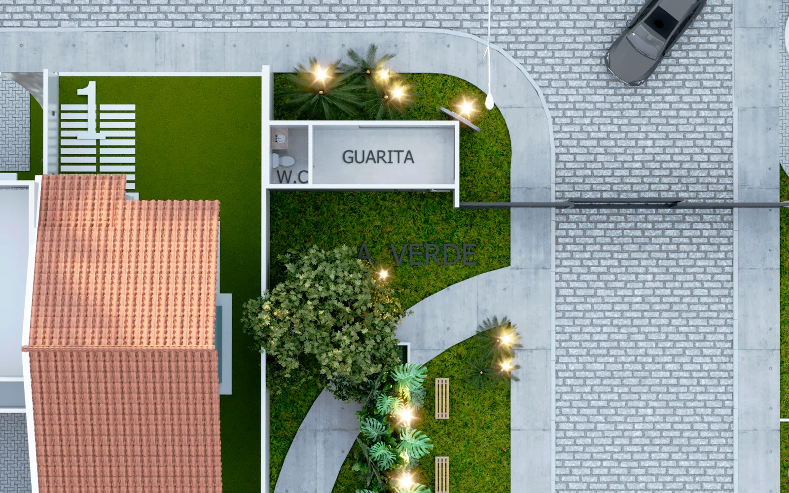 Detalhe a&eacute;reo da guarita e &aacute;rea verde